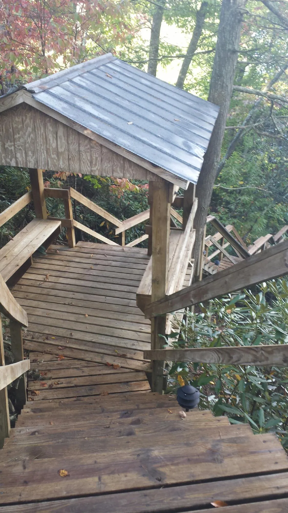 Metal roofed shelter over wooden steps on a wooded walkway — Skylight Repair & Installation work by our crew in Downers Grove